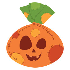 Smiling stitched Halloween pumpkin head with green leaf design Vector