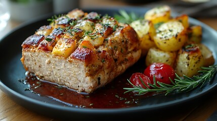 Roasted pork loin with potatoes and cherry tomatoes on a black plate.
