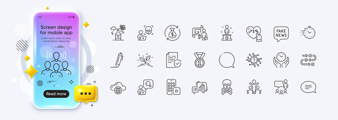 Startup concept, Phone app and Safe time line icons for web app. Phone mockup gradient screen. Pack of Team work, Fake news, Inclusion pictogram icons. Chat, Genders, Timer signs. Vector