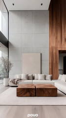 Modern living room interior with a large white sectional sofa and two wooden coffee tables.