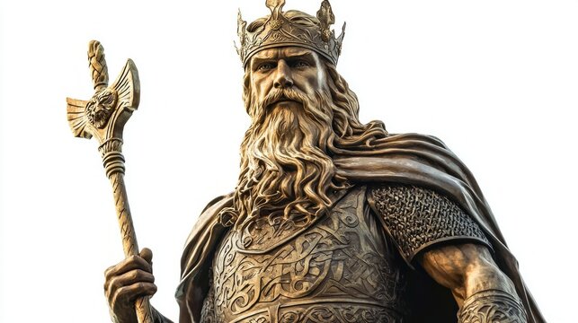 Scandinavian god Baldr is rendered in a strikingly realistic manner showcasing his majestic features and elaborate armor holding a powerful staff conveying strength and lore.
