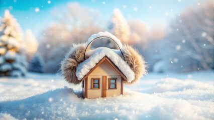 Toy colorful house in winter hat, earmuffs and knitted scarf on the background of winter snowy forest. Concept of warm cozy house, cold winter.
