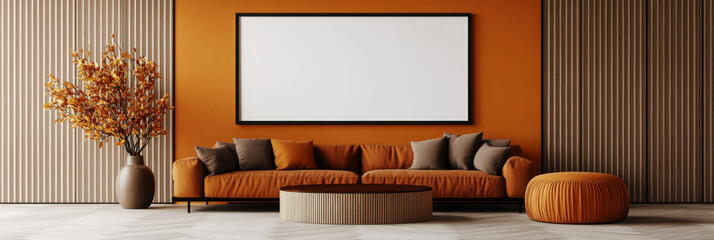 A modern living room with a comfortable orange sofa and a large framed artwork above it.