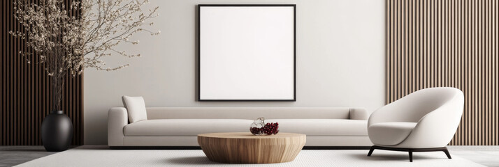 Minimalist living room with a white sofa and a large empty frame.