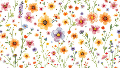 Ditsy floral seamless pattern. Pretty colorful wildflowers, herbs on white background. Hand painted watercolor plants. Summer meadow print. Botanical wallpaper with small flowers isolated with white