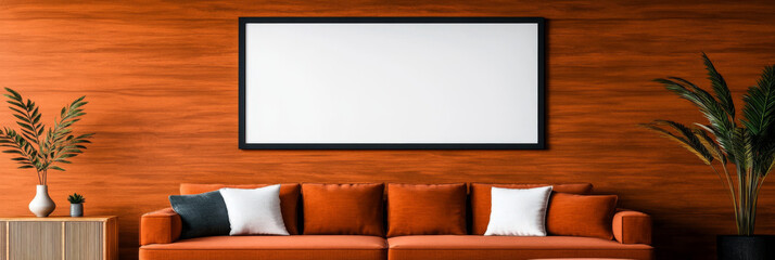 Modern living room with orange sofa and a blank frame for your art.