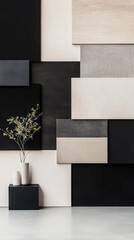 A modern minimalist interior with a black, white and beige color scheme.