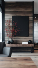 Modern living room with a large framed artwork above a wooden console table.