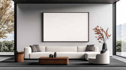 Modern living room with white sectional sofa and large blank canvas.