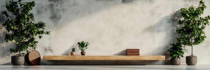 Minimalist interior design with plants and a wooden shelf against a textured wall.