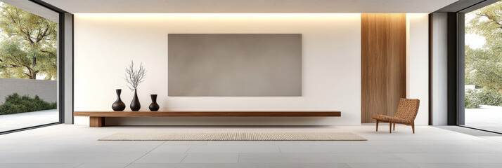 Minimalist living room with a large blank canvas on the wall.