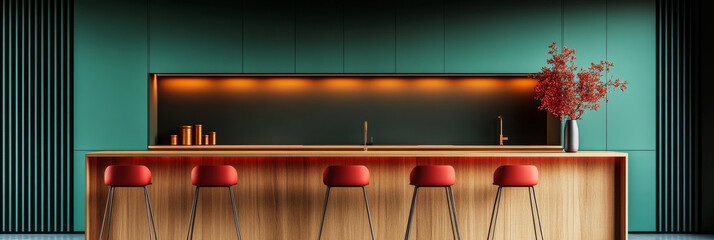 Modern kitchen bar with red stools and green cabinets.