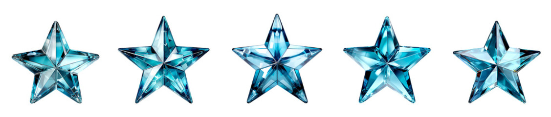 Set of blue and turquoise crystal glass five pointed glossy star icons. Isolated cutout on transparent or white background.