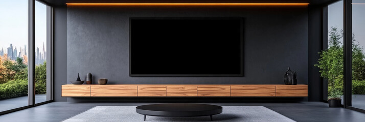 Modern living room with a large blank screen TV and a wooden entertainment unit.