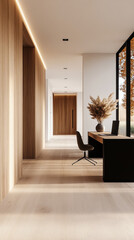 Minimalist home office with wooden walls, a black desk and chair, and a view of the outdoors.
