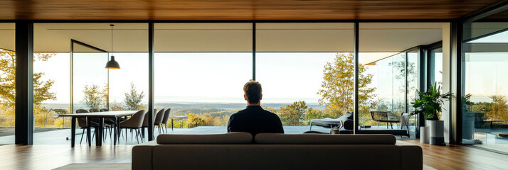 A man sits on a couch in a modern living room, enjoying the view of the trees outside.