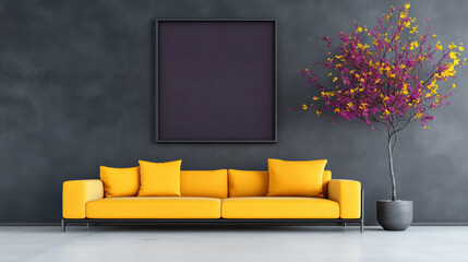 Modern living room with a yellow couch and a large plant.