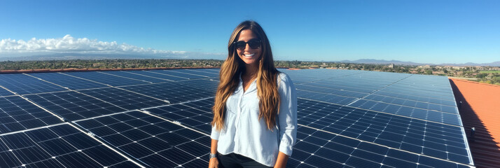 Smiling woman in sunglasses standing on a rooftop with solar panels.
