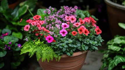 Obraz premium Vibrant Flower Pot with Colorful Petunias and Greenery