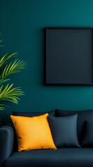 Teal walls and a black couch create a modern, minimalist vibe.