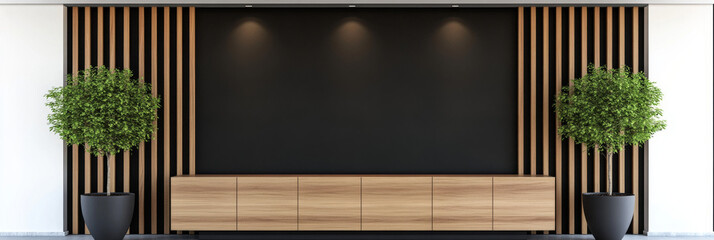 Minimalist living room with a black wall, wooden cabinet and plants.