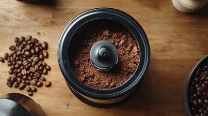 Freshly Ground Coffee in Grinder on Wooden Table