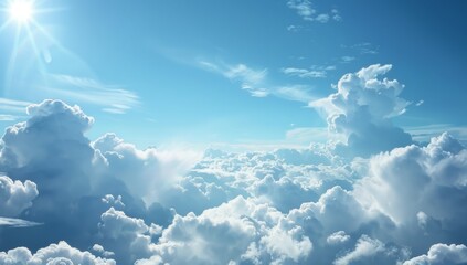 A beautiful blue sky with white clouds, sunlight shining through the clouds