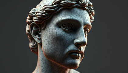 3D portrait of an antique sculpture with a glitch effect. Cyberpunk style. Conceptual disease of artificial intelligence. Virtual reality. Deep learning and suspicion systems isolated with white hig