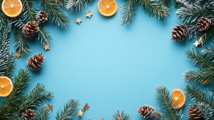 Flat lay arrangement with seasonal decorations on a blue backdrop with space for text