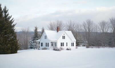 A white house with a chimney sits in a snowy field