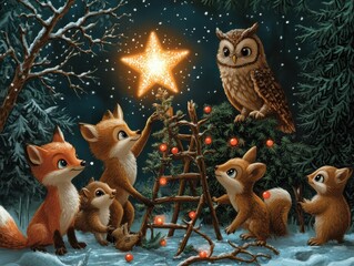 Enchanting Woodland Christmas Scene with Foxes and Owl Decorating Tree Under Starlit Sky: Festive Animal Winter Wonderland Art
