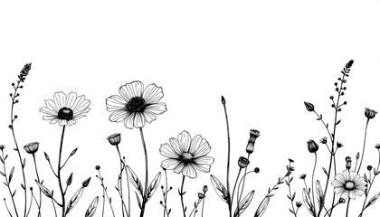 Hand draw ink wildflowers, wallpaper border, pattern white isolated with white highlights, png