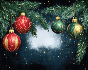 Festive Christmas Ornaments with Snowy Background and Pine Branches Create Magical Holiday Atmosphere for Seasonal Celebrations