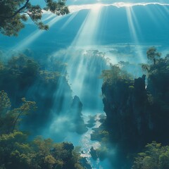 Obraz premium Sunbeams illuminating a misty river canyon