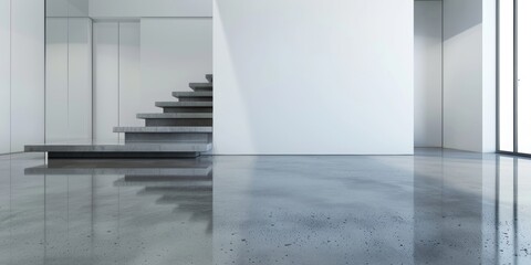 Obraz premium A clean, shiny concrete floor in an empty modern home with visible water on the surface and stairs leading up to it