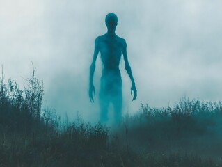 Mysterious figure shrouded in fog stands amidst tall grass at twilight in an eerie landscape. Alien monster encounter.
