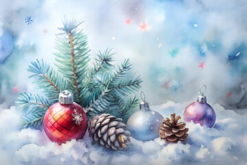 Colorful Christmas ornaments and pine cones on snowy surface with frosty background