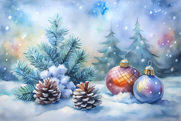 Charming Christmas scene with pine cones and colorful ornaments, festive mood on a snowy background