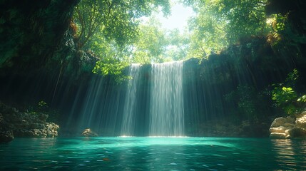 Tranquil waterfall cascading into a pristine turquoise pool, surrounded by lush green foliage.