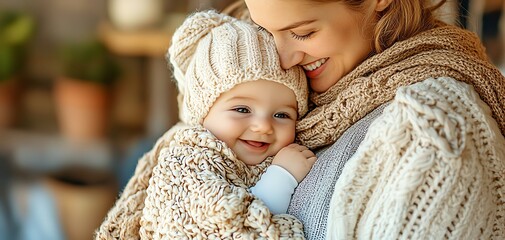 Obraz premium Smiling mother holding her baby in cozy knitted scarves indoors.