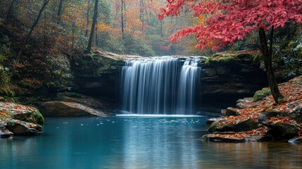A cascading waterfall flows into a clear blue pool, surrounded by colorful autumn foliage.