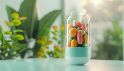 A colorful capsule filled with fruits and vegetables is placed on the table, creating an advertising background