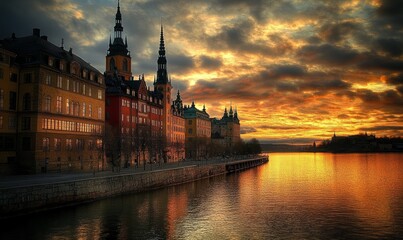 Fototapeta premium Stockholm Old Town at sunset, Sweden