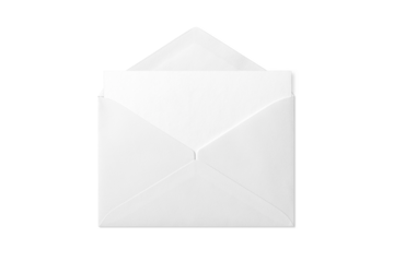 Opened paper envelope mockup with paper sheet isolated on a transparent background, PNG. High resolution. 