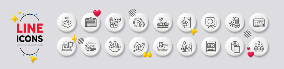 Auction hammer, Ssd and Leaf line icons. White buttons 3d icons. Pack of Salad, Freezing, Biometric security icon. Calendar graph, Car place, Parking time pictogram. Vector