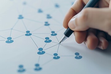 A hand holding a pen draws a network of people on a white background, in the style of a social media marketing concept for digital online technology and community