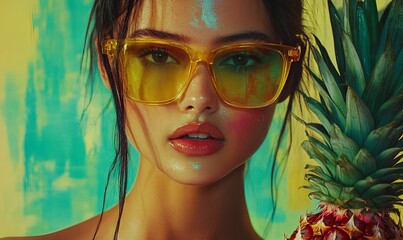 Fototapeta premium A woman wearing yellow sunglasses and holding a pineapple