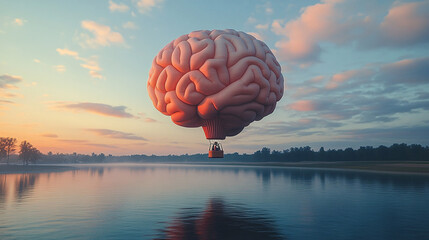 A surreal hot air balloon shaped like a brain, floating in a serene sky, evoking wonder and imagination. Ideal for inspiring visuals and intelligence-related themes.