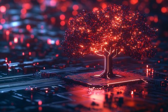 Futuristic digital environment with neon tree and circuit board in polygonal style, perfect for hightech and scifi visuals