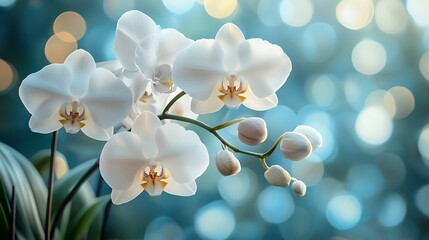 White orchid flowers with blurred blue and gold background.